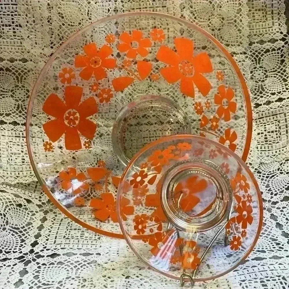 Mid-Century Atomic Daisy Flower Glass Chip &  Dip Serving Bowl Set - Picture 14 of 16